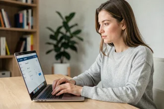 Femme sécurisant un paiement en ligne sur Stootie depuis son bureau à domicile