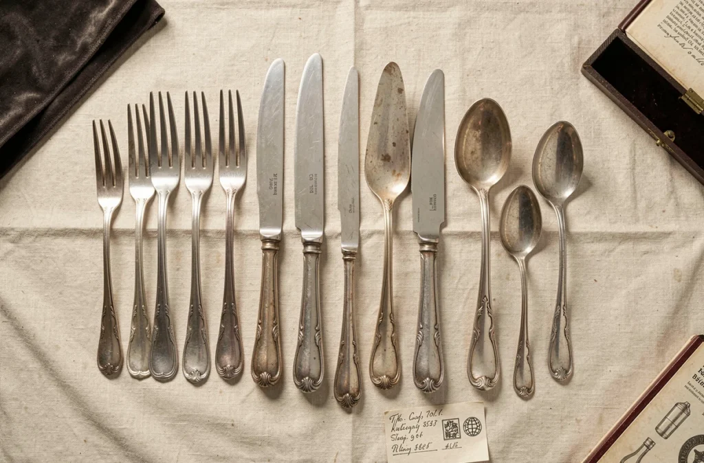 Vue de dessus d'un service de couverts en argent antique avec fiches de décodage des poinçons sur lin crème