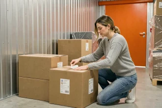 Femme rangeant des cartons dans un box de stockage entre deux déménagements