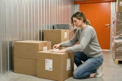 Femme rangeant des cartons dans un box de stockage entre deux déménagements