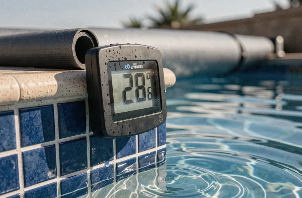 Thermomètre digital affichant la température de l'eau d'une piscine chauffée à 28 degrés