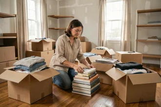 Femme qui trie ses affaires dans des cartons avant un déménagement dans un salon à moitié vidé