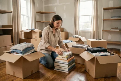 Femme qui trie ses affaires dans des cartons avant un déménagement dans un salon à moitié vidé