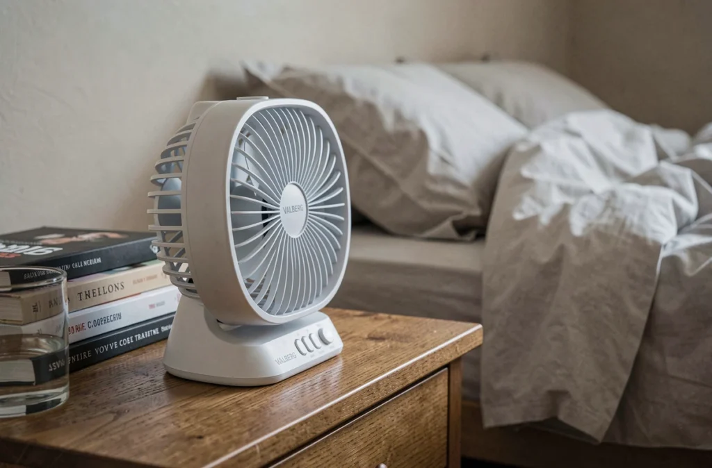 Ventilateur de bureau VALBERG posé sur une table de nuit en bois dans une chambre cosy avec linge de lit en coton