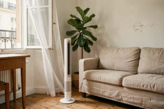 Ventilateur colonne VALBERG blanc installé dans un petit studio parisien moderne avec parquet et canapé en lin