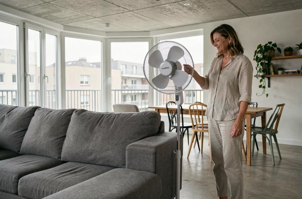 Femme installant un ventilateur sur pied VALBERG dans un grand salon lumineux avec baies vitrées et béton apparent