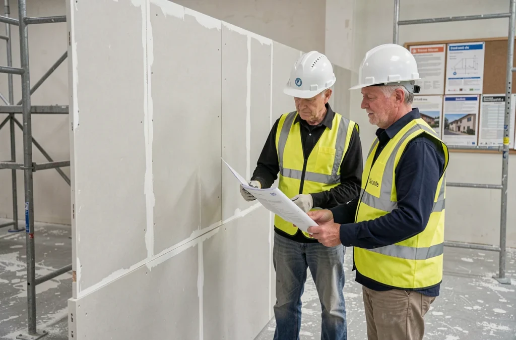 Deux professionnels du bâtiment vérifiant la conformité aux normes d'un doublage placo sur chantier commercial