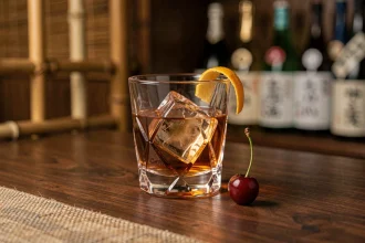 Verre à whisky japonais en cristal épais contenant un cocktail old fashioned avec glaçon sphérique et zeste d'orange sur un comptoir en noyer