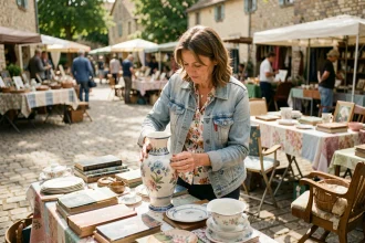 Femme examinant un vase ancien dans un vide grenier en plein air dans le 78