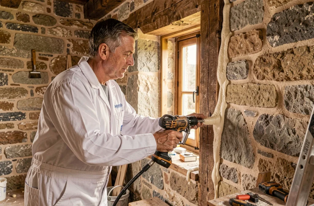 Technicien d'Ambrosio T Multi Services appliquant de la mousse expansive autour des fenêtres d'un cottage en pierre du Périgord