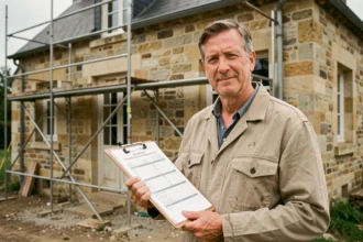 Artisan en bâtiment tenant un devis de rénovation devant une maison en pierre en cours de travaux, illustrant la variabilité des tarifs selon les régions
