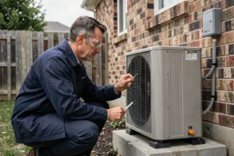 Artisan professionnel inspectant une pompe à chaleur murale dans le cadre d'une rénovation énergétique Effi 65