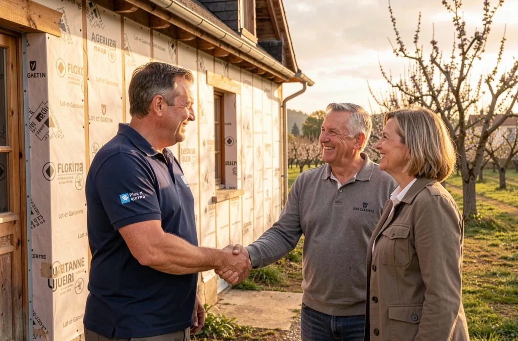 Artisan isolation référencé Plus que Pro serrant la main d'un couple de propriétaires satisfaits devant leur maison isolée en Lot-et-Garonne