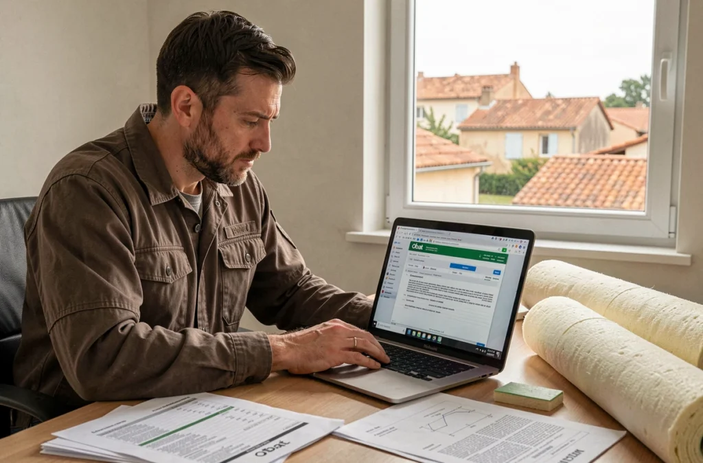Artisan isolation de la plateforme Obat consultant un devis de rénovation sur ordinateur dans un bureau de chantier en Nouvelle-Aquitaine