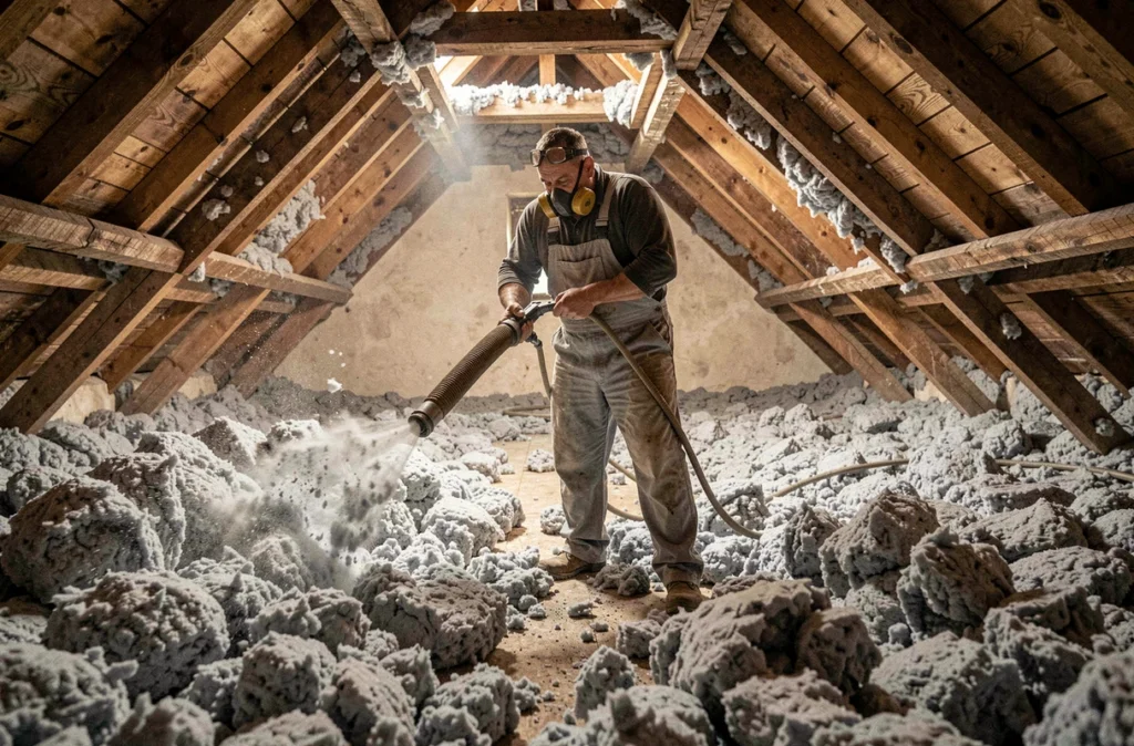 Ouvrier de l'entreprise Bougnoteau soufflant de l'ouate de cellulose dans les combles d'une maison rurale en Gironde