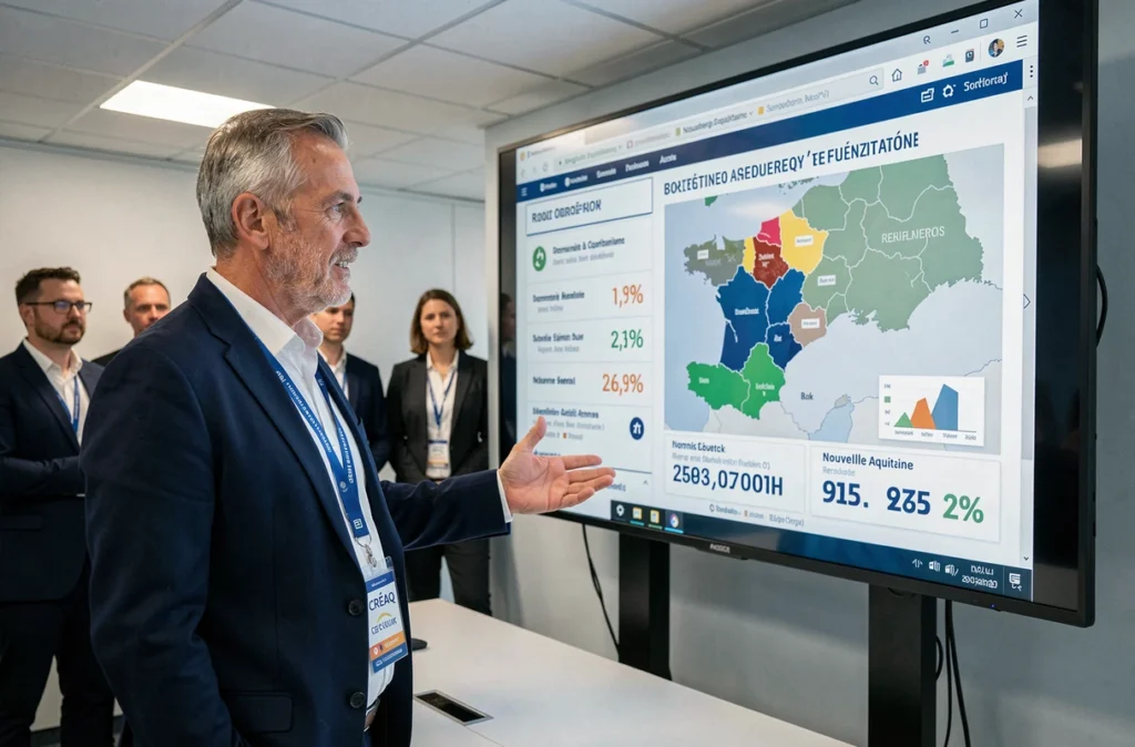 Conseiller du CRÉAQ présentant des solutions d'éco-rénovation énergétique sur un écran dans un centre de formation à Bordeaux