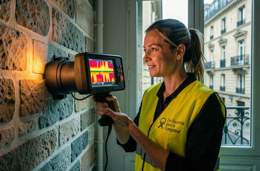Auditrice de Des Fourmis dans le Compteur utilisant une caméra thermique pour diagnostiquer les déperditions d'un appartement bordelais