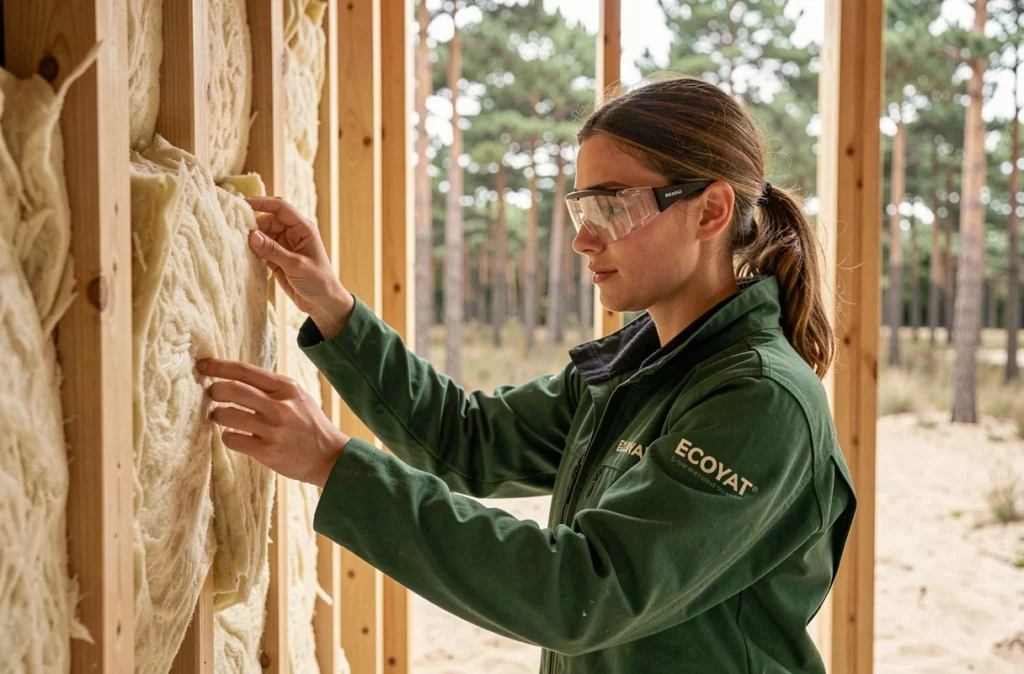 Spécialiste d'Ecoyat appliquant de la laine de mouton biosourcée dans l'ossature d'une maison passive dans les Landes