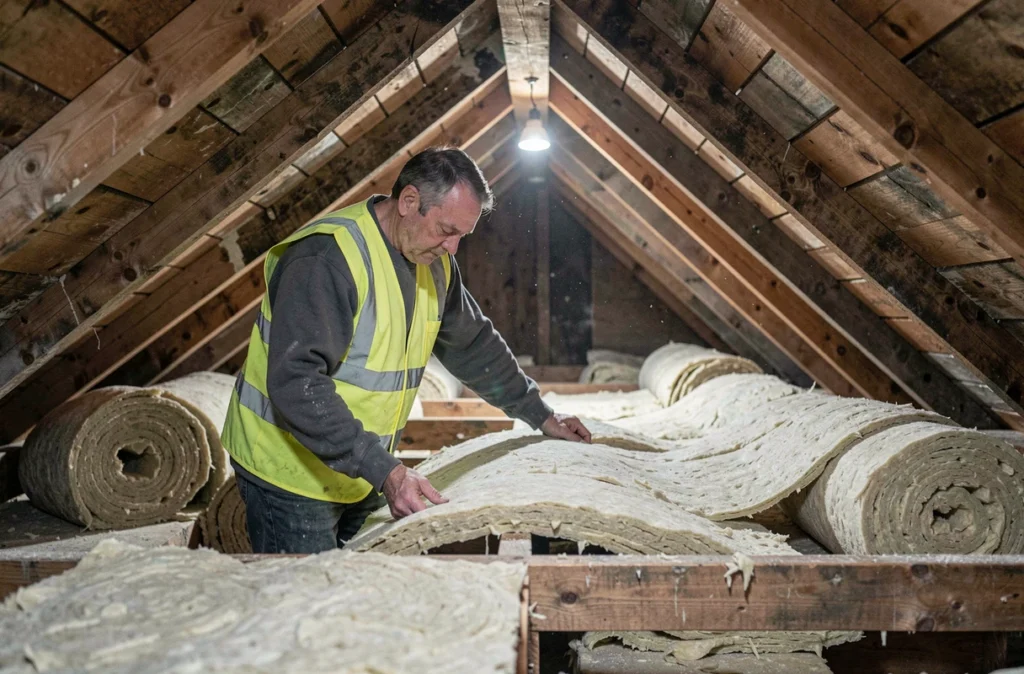 Artisan posant de la laine minérale dans les combles lors d'une rénovation thermique conforme aux critères Effi 65