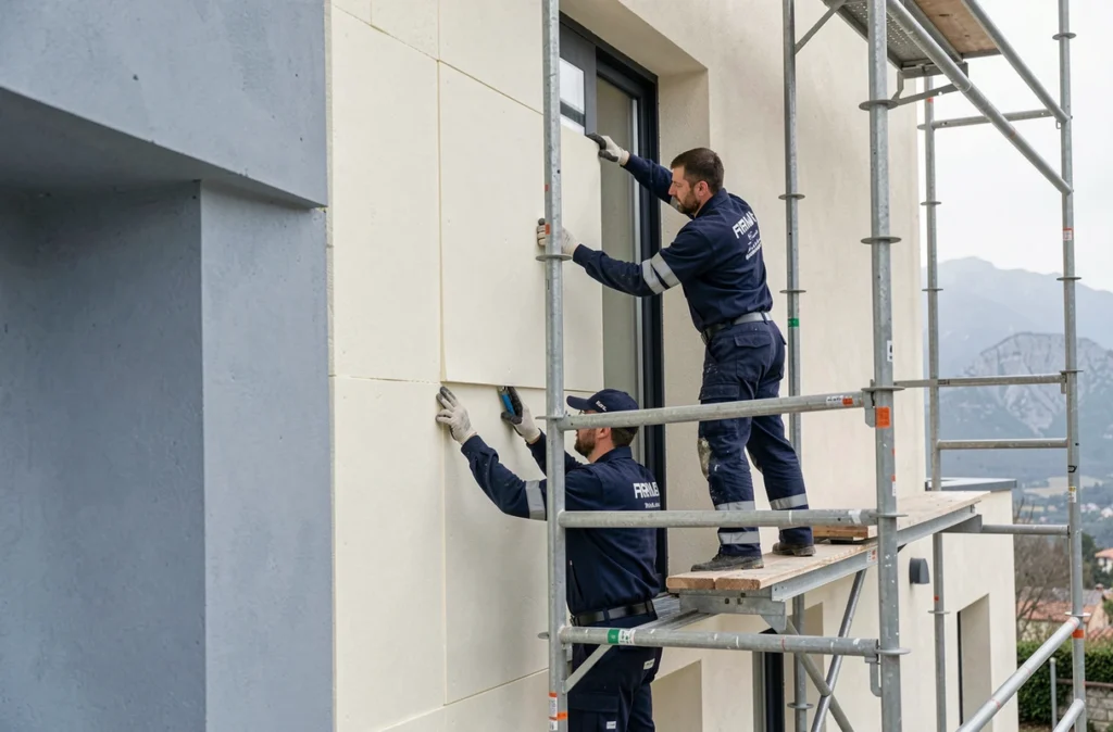 Deux techniciens d'Isopro installant des panneaux isolants sur la façade d'une maison contemporaine à Pau avec les Pyrénées en arrière-plan