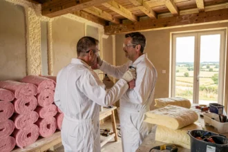Technicien en isolation thermique travaillant dans une maison de Nouvelle-Aquitaine, illustrant le top 10 des meilleures entreprises d'isolation de la région