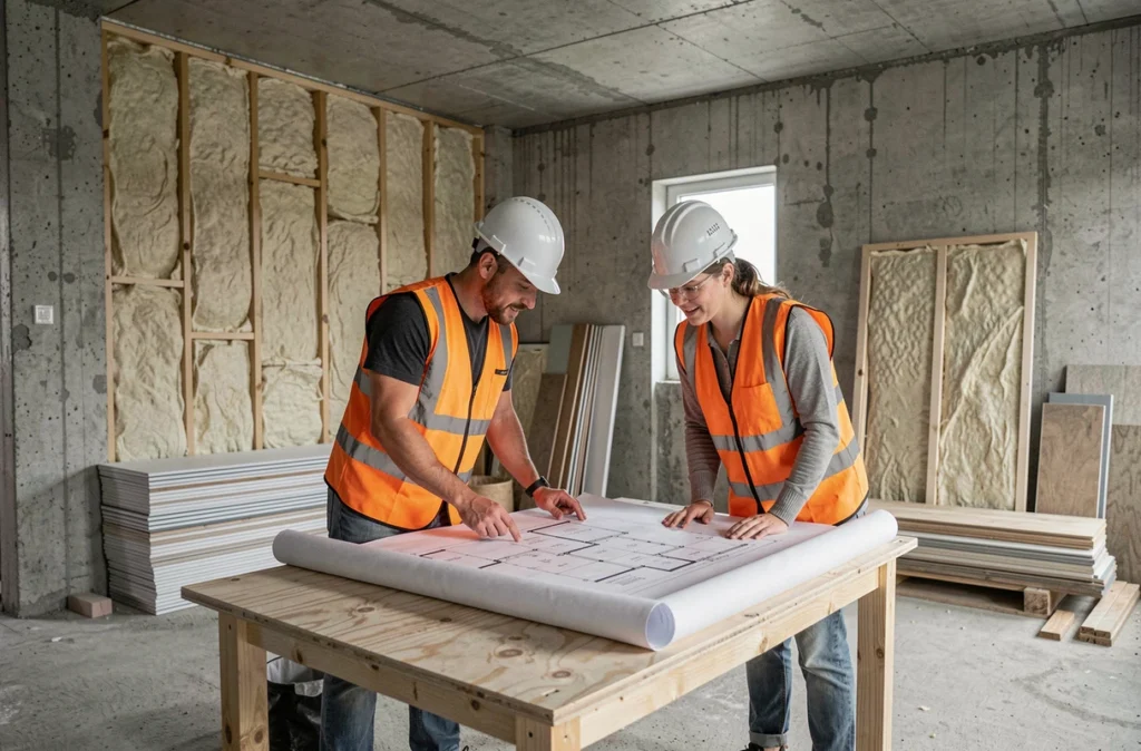 Deux ouvriers du bâtiment consultant un plan de rénovation sur un chantier intérieur, avec matériaux bruts et isolation apparente en arrière-plan
