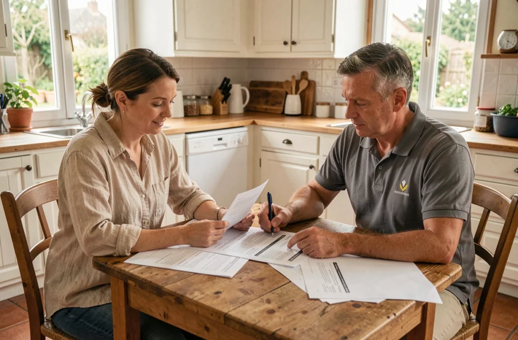 Propriétaire et artisan examinant les documents de rénovation énergétique Effi 65 autour d'une table