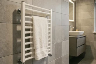 Sèche-serviette électrique blanc installé sur un mur de salle de bain carrelé avec une serviette en coton pliée sur les barres chromées