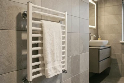 Sèche-serviette électrique blanc installé sur un mur de salle de bain carrelé avec une serviette en coton pliée sur les barres chromées