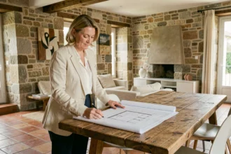 Architecte d'intérieur féminine examinant des plans dans un salon rénové en Nouvelle-Aquitaine avec murs en pierre et carrelage en terre cuite