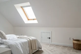 Chambre mansardée avec une petite porte d'accès dans le mur bas
