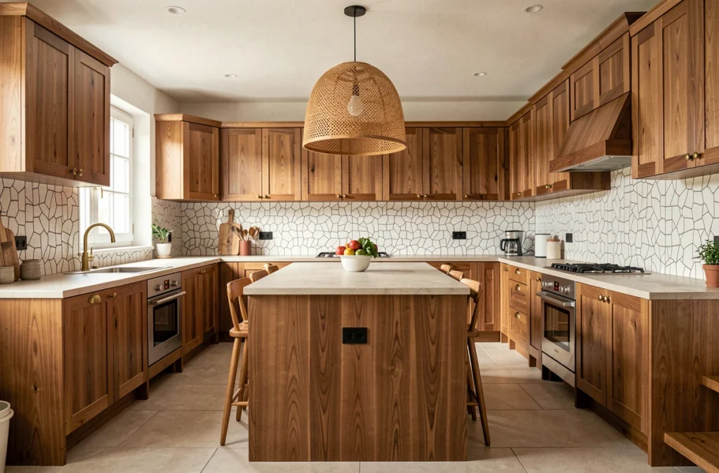 Cuisine design rénovée dans une ferme basque en Nouvelle-Aquitaine avec carrelage Zellige, placards en noyer et îlot central en bois massif