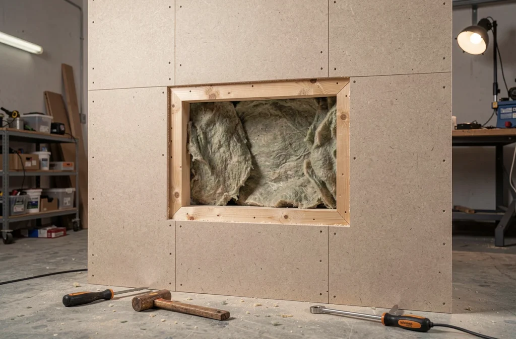Ouverture découpée dans une plaque de plâtre avec cadre en bois et isolant visible