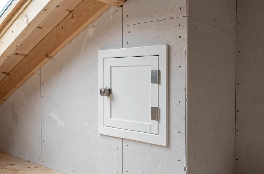 Petite porte blanche fermée dans le mur de jambette d'une chambre mansardée